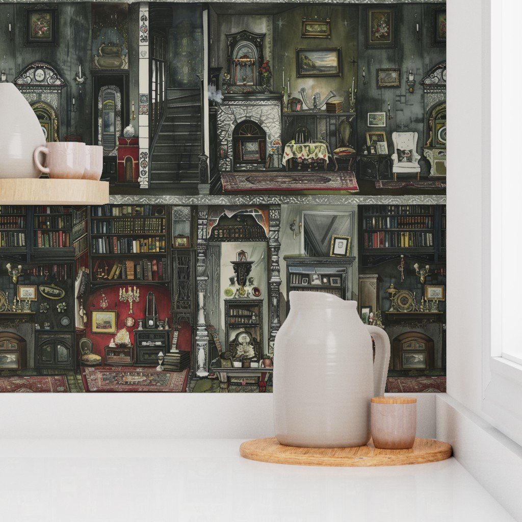 Victorian Gothic Dollshouse with Dark Academia Watercolor Decor 1 Wallpaper doll rooms wallpaper