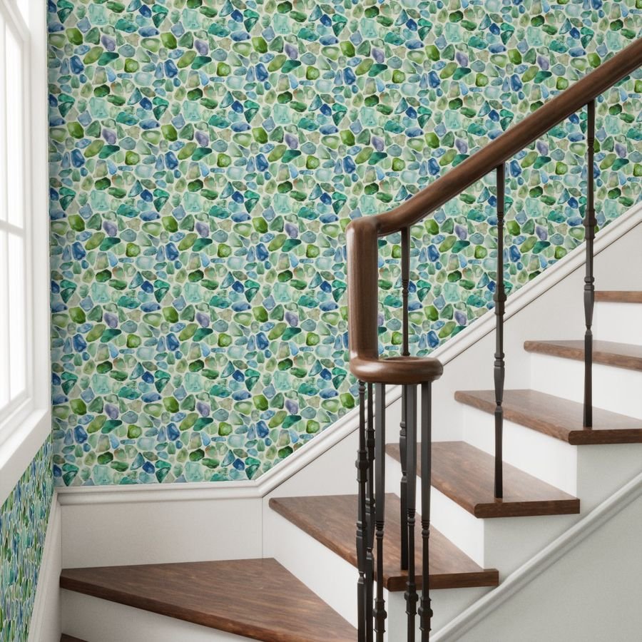 Blue and Green Shards of Tumbled and Scattered Watercolor Seaglass Wallpaper blue green seaglas wallpaper