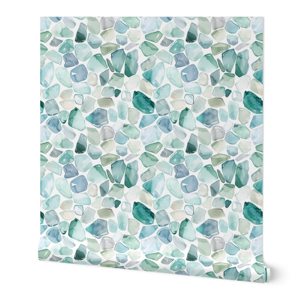 Blue and Aqua Shards of Tumbled and Scattered Watercolor Seaglass Wallpaper aqua seaglass wallpaper