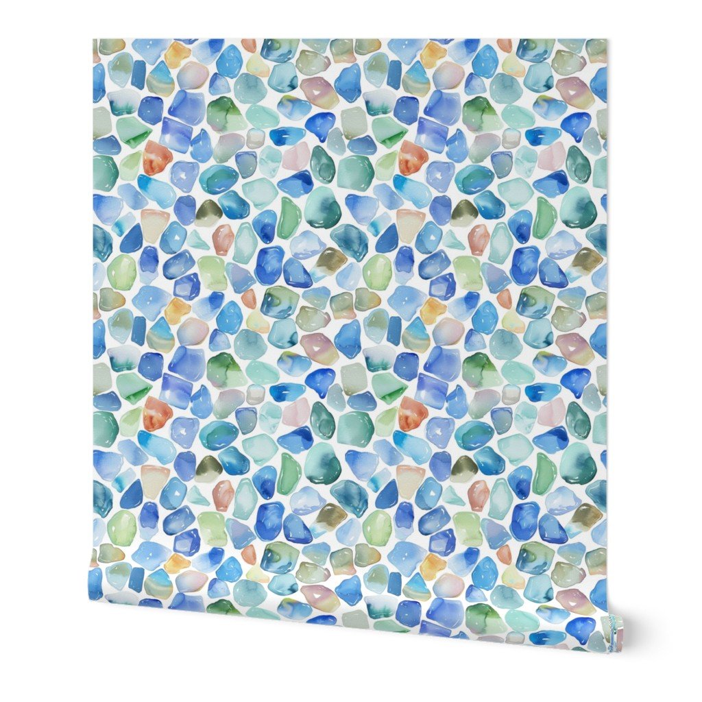 Blue Toned Shards of Tumbled and Scattered Watercolor Seaglass Wallpaper blue seaglass wallpaper