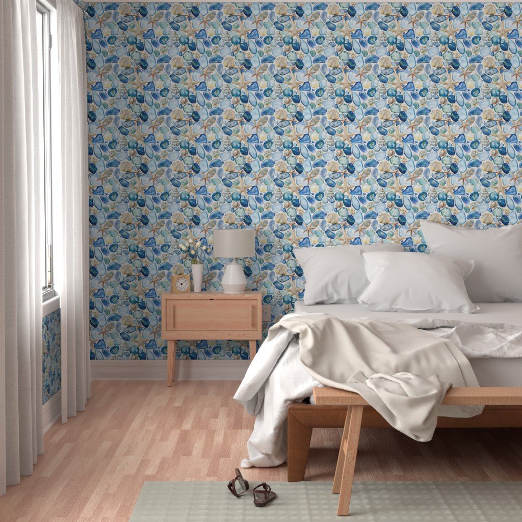 Blue and Sand Seashells and Shards of Tumbled and Scattered Wallpaper blue and sand wallpaper
