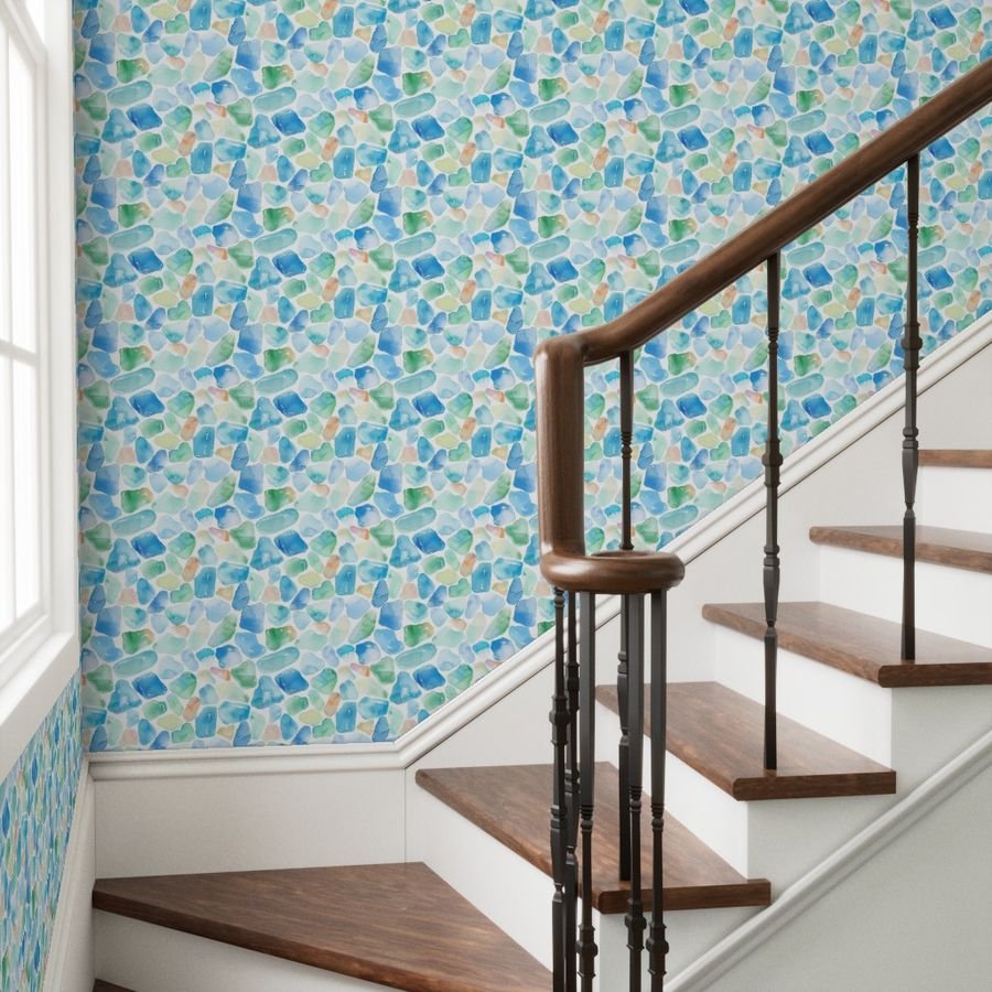 Blue and Green Shards of Tumbled and Scattered Watercolor Seaglass Wallpaper blue and green wallpaper