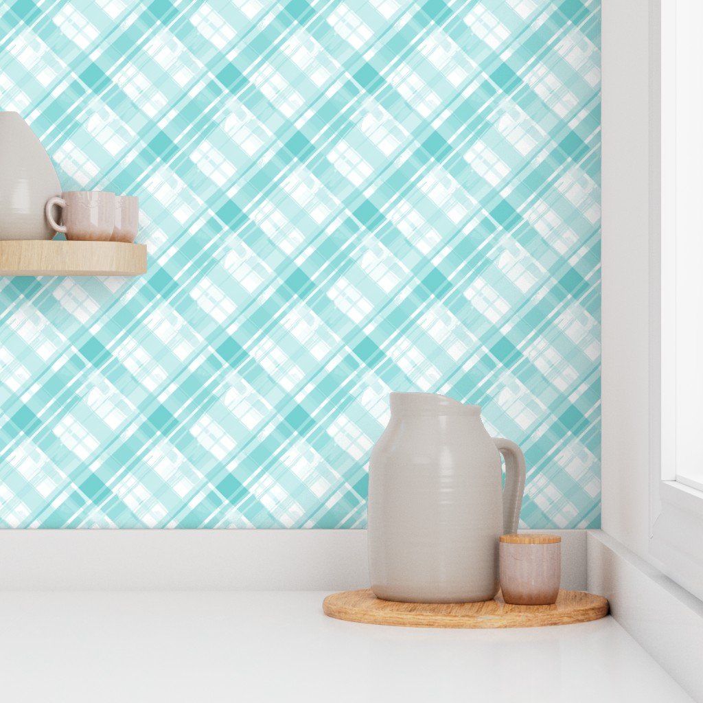 Faded Madras Diagonal Plaid in Aqua Wallpaper madras fabric wallpaper