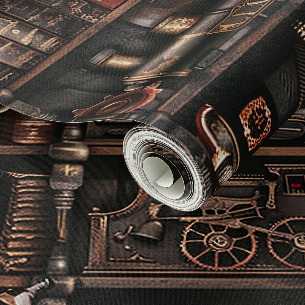Steampunk Vintage Bookcase Gears Pipes and Antique Treasures Wallpaper dark tones wallpaper