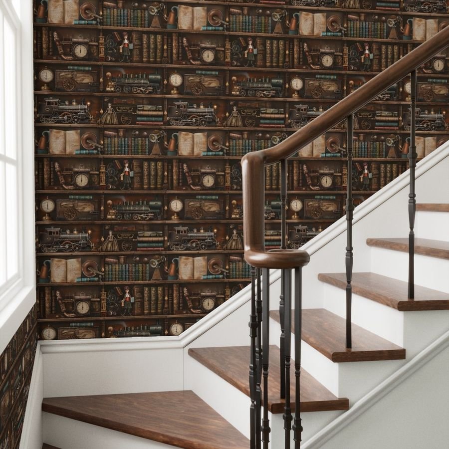 Vintage Steampunk Bookcase with Antique Trains and Books Wallpaper rich wood wallpaper