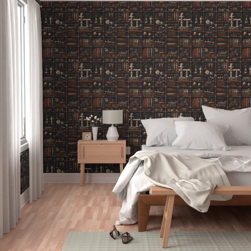 Vintage Steampunk Bookcase with Intricate Mechanical Wonders Wallpaper antique wallpaper