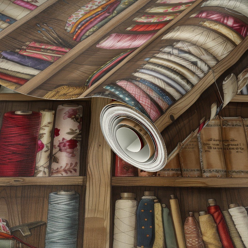 Vintage Bookcase with Fabric Bobbins Spools and Yarn Wallpaper sewing supplies wallpaper