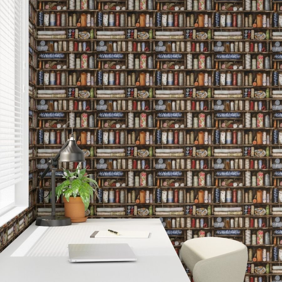 Vintage Bookcase with Fabric Bobbins Spools and Yarn Wallpaper sewing supplies wallpaper
