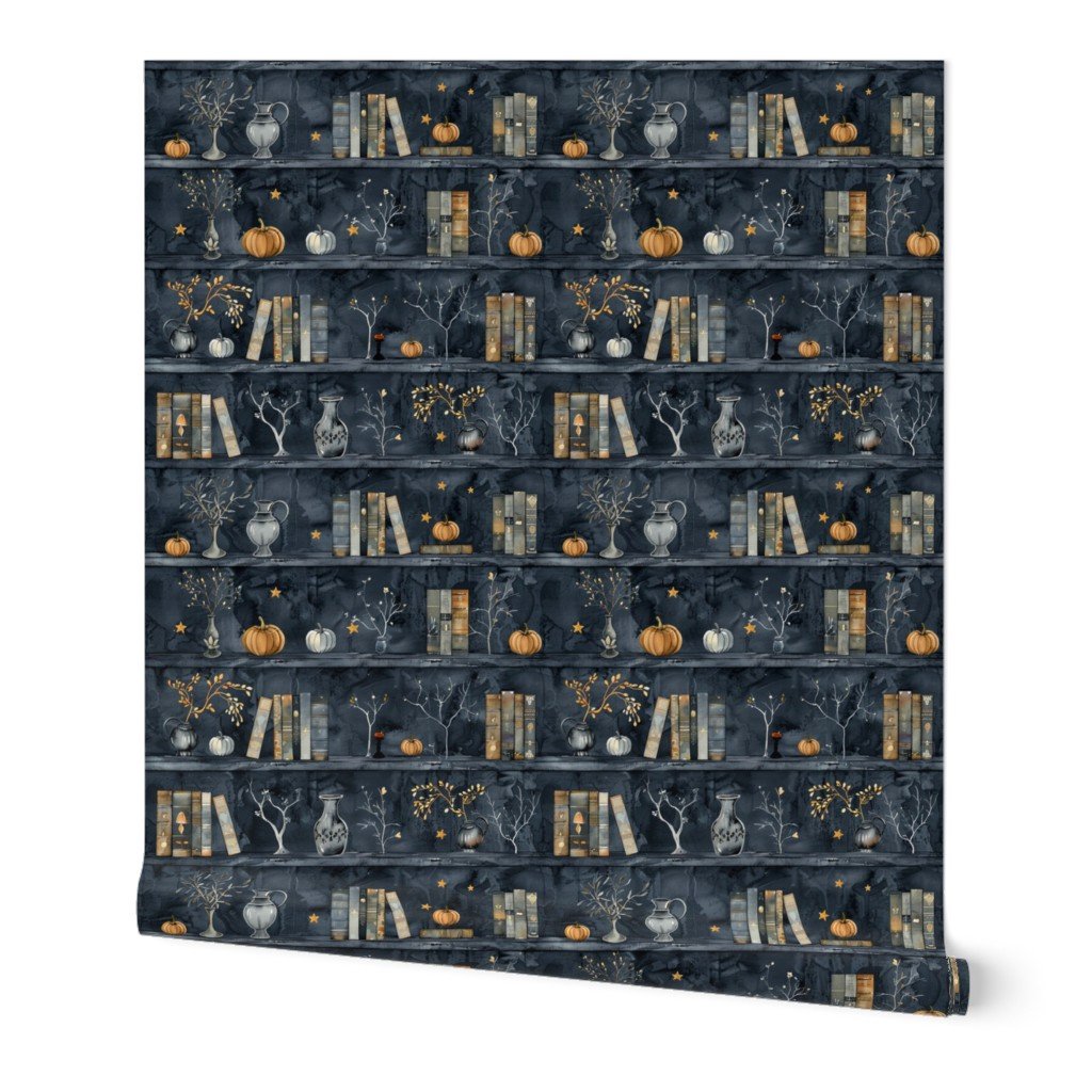 Dark Blue Halloween Pumpkins and Vases on Vintage Bookcase Wallpaper autumnal wallpaper