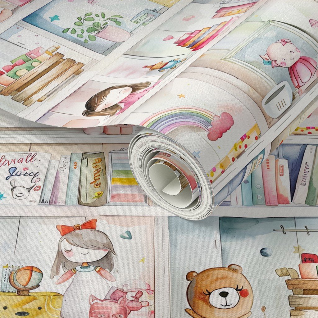 Pastel Bookcase with Girl