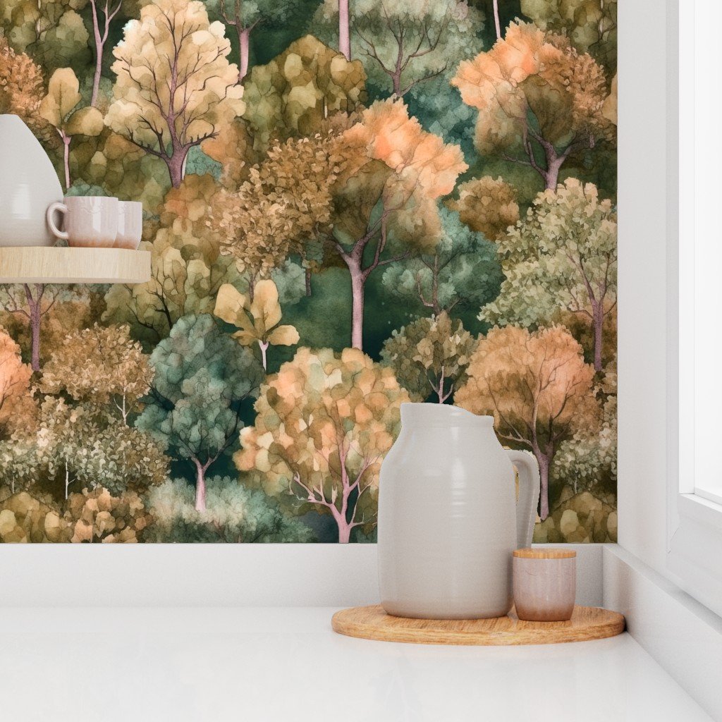 Endless Forest Watercolor - Golden Autumn Wallpaper art print wallpaper