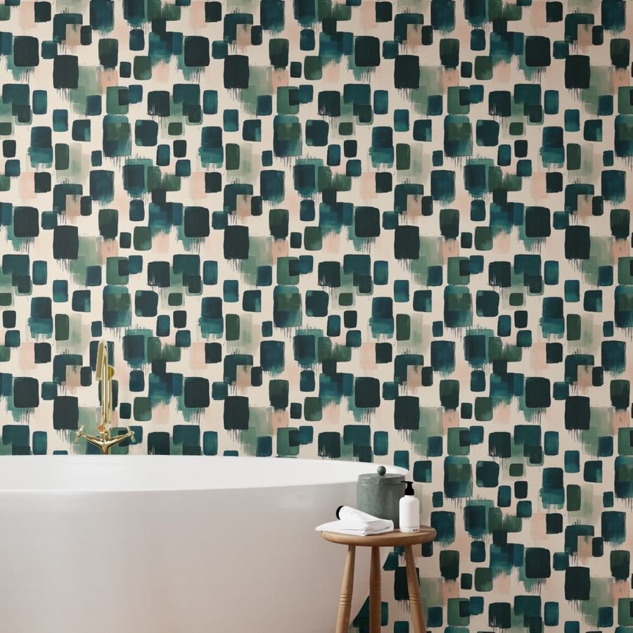 Large Abstract Earthy Brushstroke Blocks in Teal and Soft Peach Wallpaper soft peach wallpaper