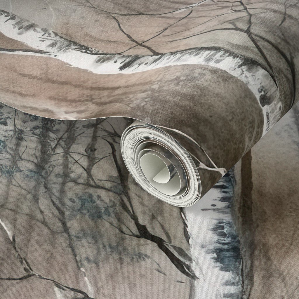 Endless Silver Birch Tree Dreamscape in Misty Taupe and Slate Blue Wallpaper birch wallpaper