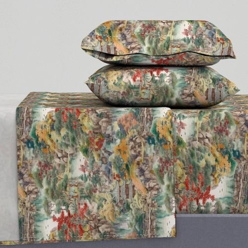 Small Japanese Water Garden Watercolor with Temples Home Styling Collection Design Collection orange trees sheet set design