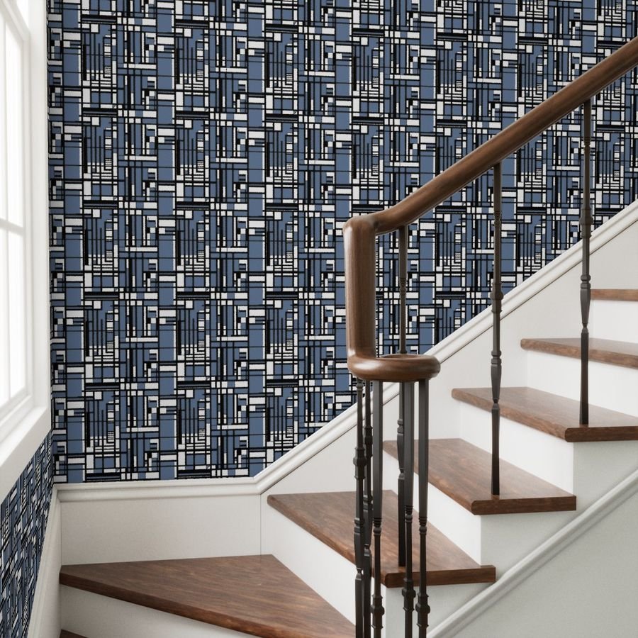 Slate Blue Modernist City Blocks Geometric Pattern Wallpaper abstract lines wallpaper