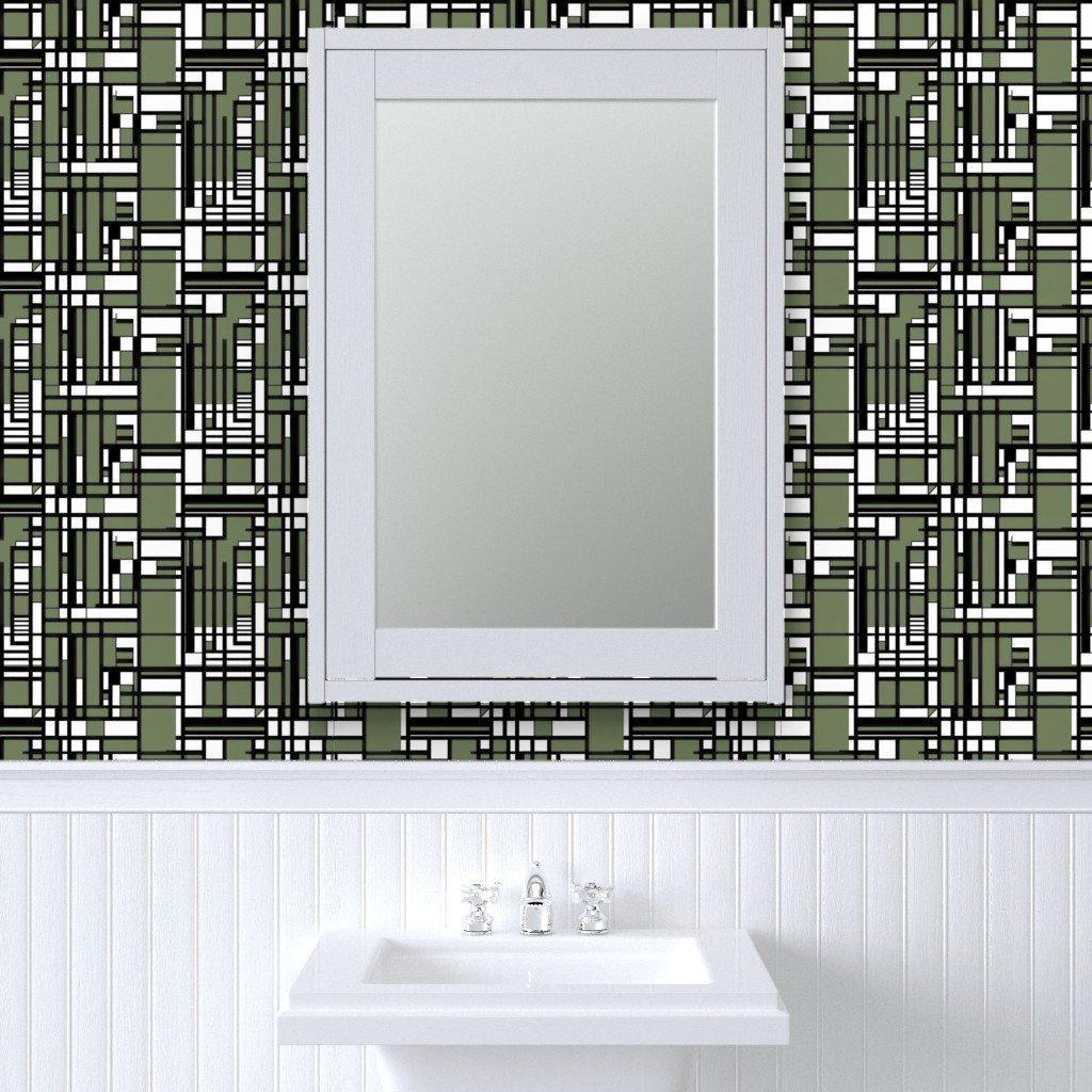 Sage Green Modernist City Blocks Geometric Pattern Wallpaper abstract lines wallpaper