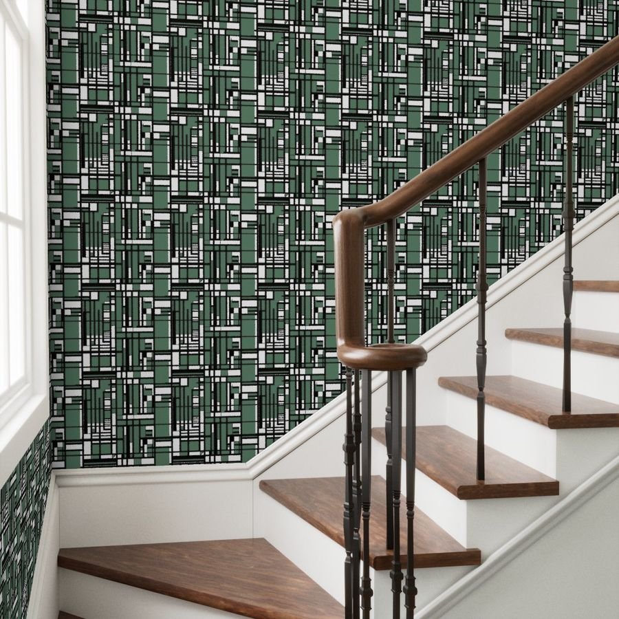 Eucalyptus Green Modernist City Blocks Geometric Pattern Wallpaper abstract lines wallpaper