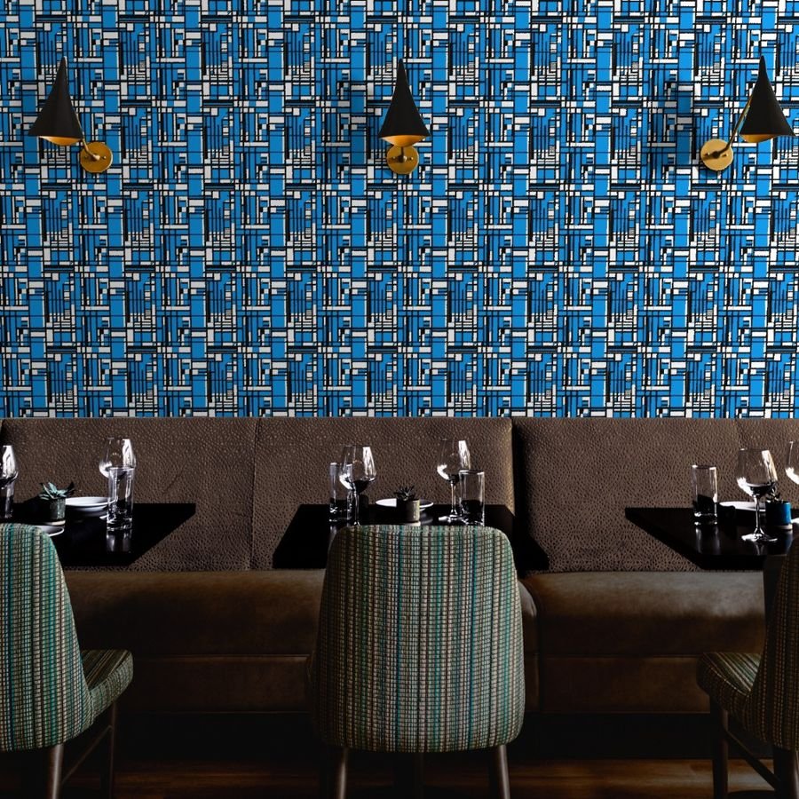 Cyan Blue Modernist City Blocks Geometric Pattern Wallpaper abstract lines wallpaper