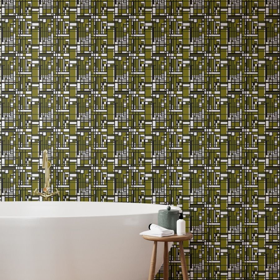 Olive Green Modernist City Blocks Geometric Pattern Wallpaper abstract lines wallpaper
