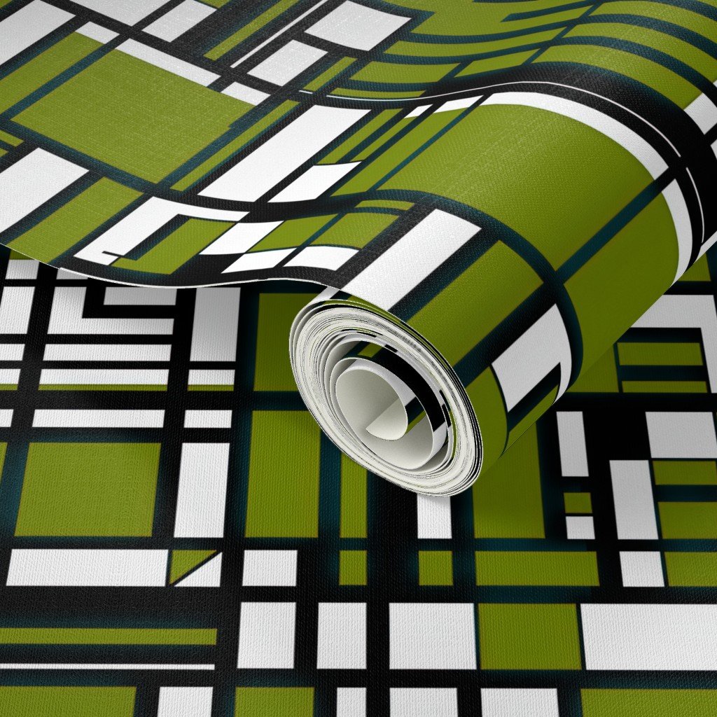 Moss Green Modernist City Blocks Geometric Pattern Wallpaper abstract lines wallpaper