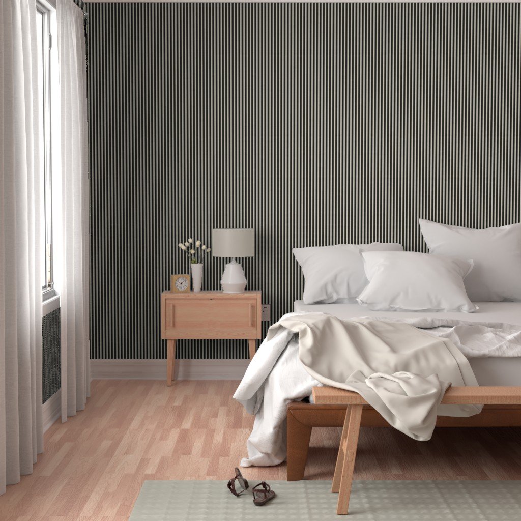 Serrated Squid Ink Black Mini Stripe on Cream Wallpaper black and cream wallpaper