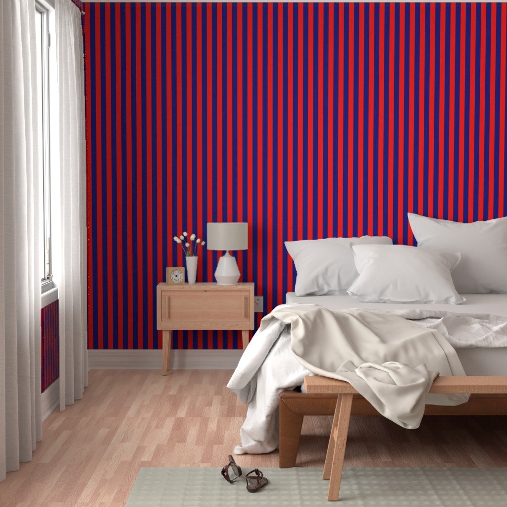 Bold Coastal Classic Red and Navy Blue Cabana Tent Stripe Wallpaper lifestyle view