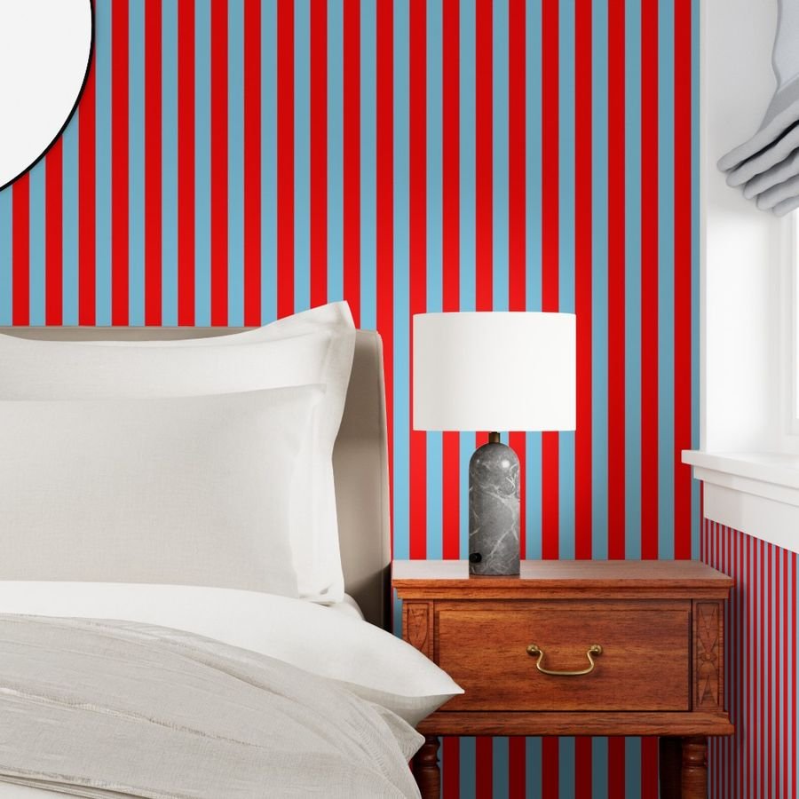 Bold Coastal Classic Red and Sky Blue Cabana Tent Stripe Wallpaper sky blue wallpaper