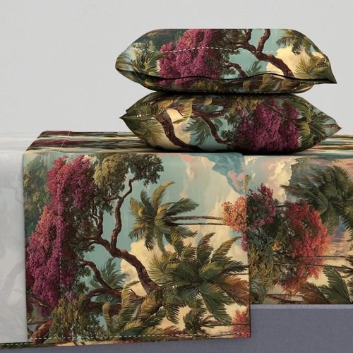Vintage Hawaiian Watercolor Landscape with Misty Mountains and Palms Decor Collection Home Styling Collection exotic sheet set design