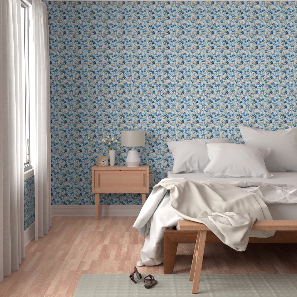 Watercolor Sea Glass Shells and Starfish Coastal Pattern in Ocean Wallpaper cool tone wallpaper