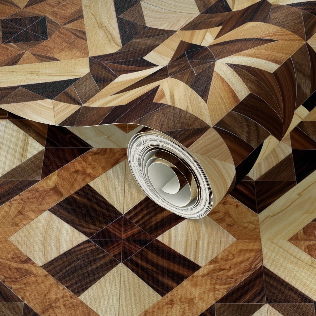 Geometric Marquetry Wood Inlay Pattern in Rich Dark Wood Tones Wallpaper rich tones wallpaper