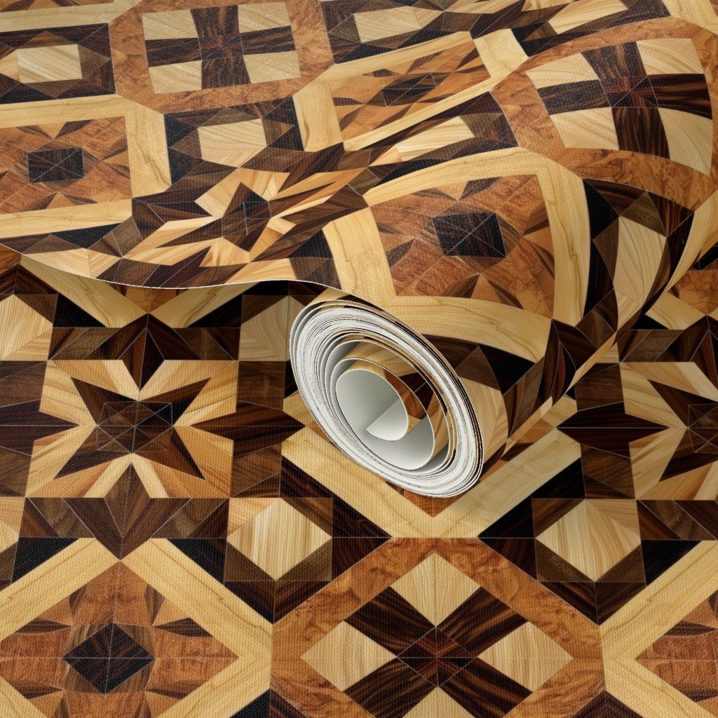 Small Geometric Marquetry Wood Inlay Pattern in Warm Natural Tones Wallpaper warm tones wallpaper