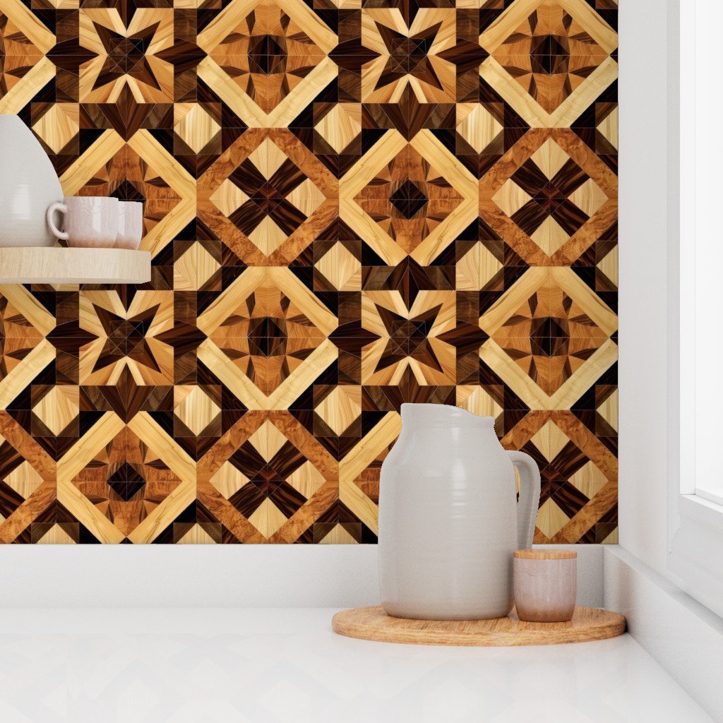 Geometric Marquetry Wood Inlay Pattern in Warm Natural Tones Wallpaper warm tones wallpaper