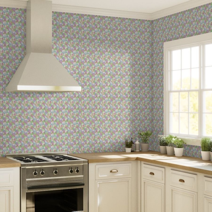 Soft Watercolor Quilted Patchwork Triangles in Spring Green and Wallpaper baby shower wallpaper