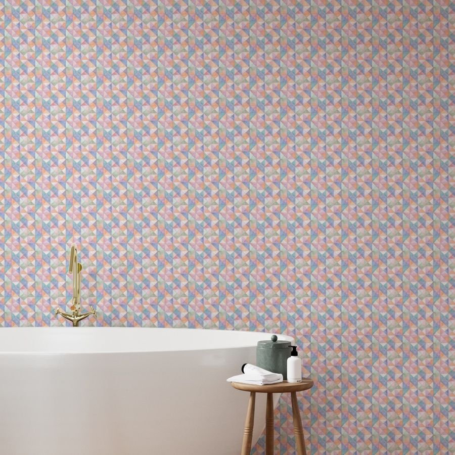 Soft Watercolor Quilted Patchwork Triangles in Peach Lavender and Wallpaper baby shower wallpaper