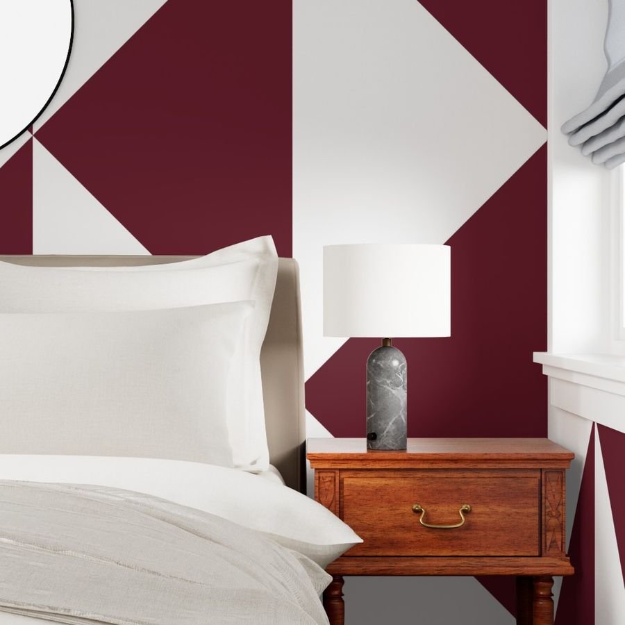 Bold Deep Burgundy and White Oversized Geometric Diamond Wallpaper mockup view