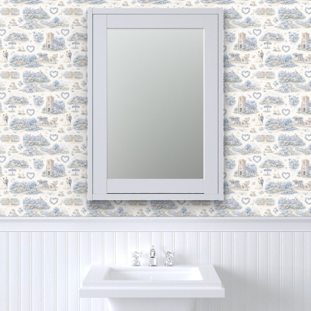 Blue English Village Wedding Toile Watercolor Pattern Wallpaper blue and white wallpaper