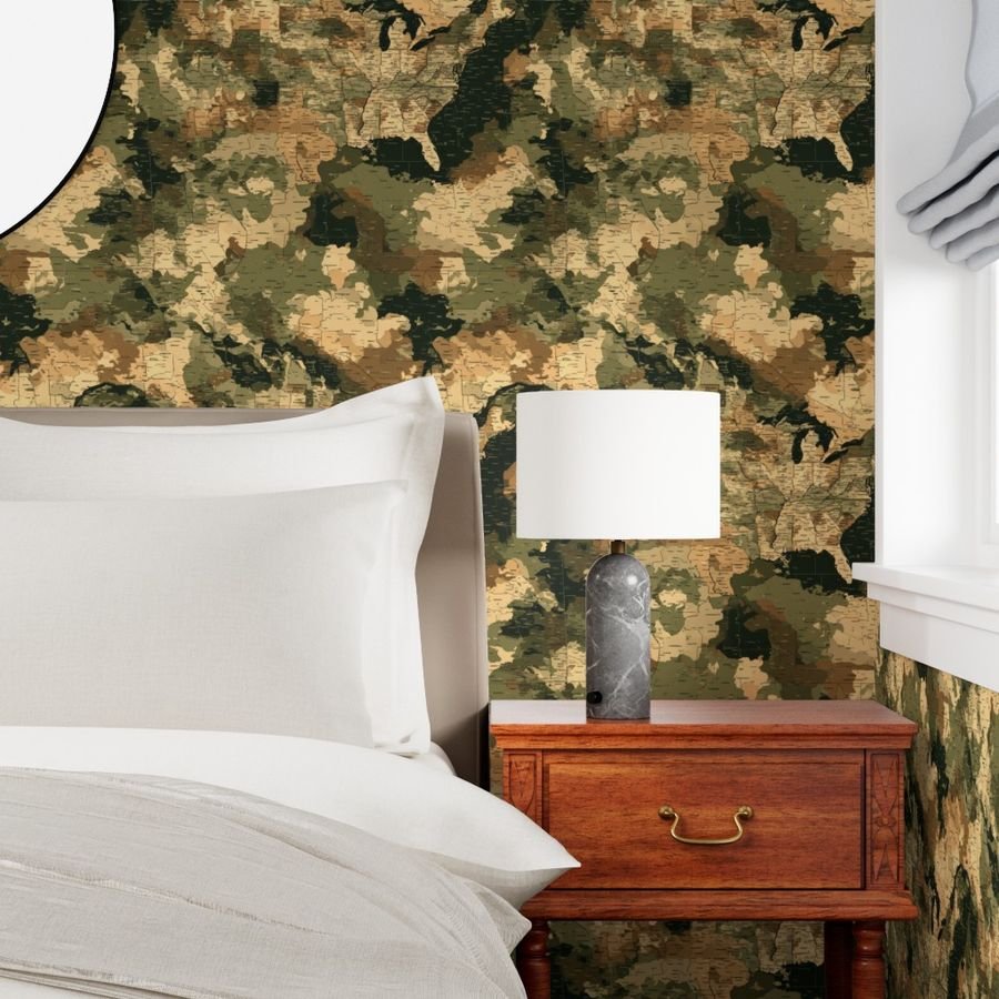 USA State Outline Camouflage in Sand and Deep Forest Wallpaper earth tone wallpaper