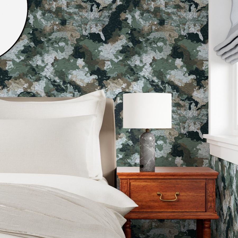 USA State Outline Camouflage in Sage Green and Slate Wallpaper earth tone wallpaper