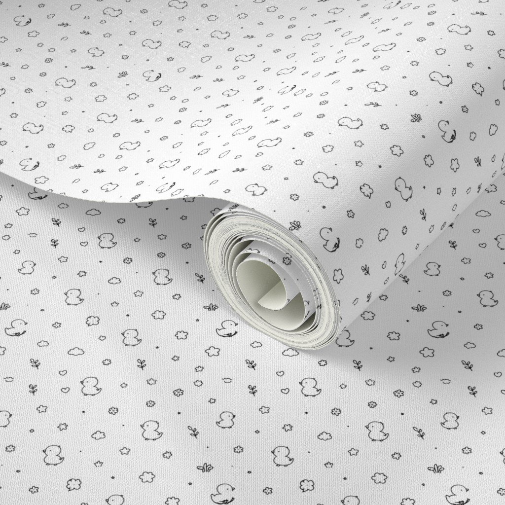 Minimal Black And White Duck Doodle Pattern With Flowers Hearts Stars W Wallpaper hand drawn wallpaper