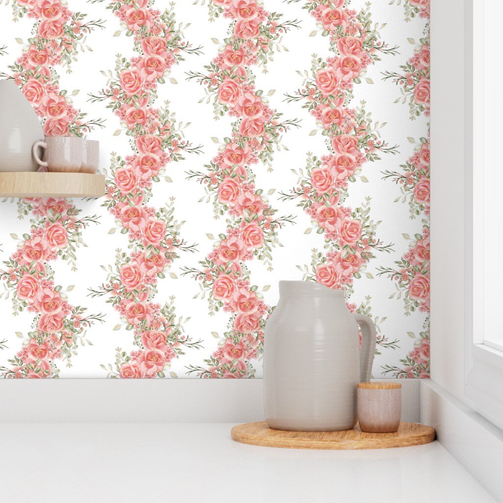 Vintage English Garden Watercolor Coral Pink Rose Stripe Pattern on Wh Wallpaper botanical wallpaper