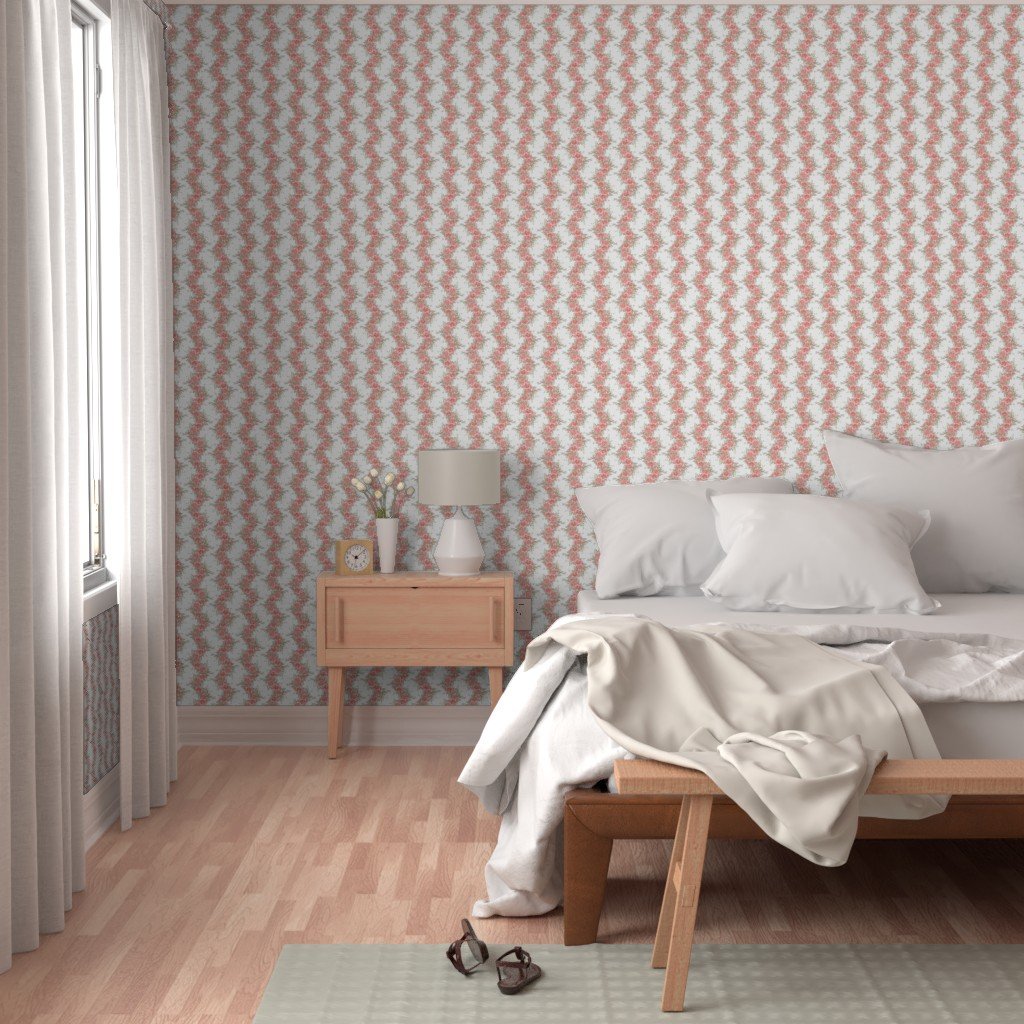Vintage English Garden Small Coral Pink Rose Stripe Pattern on White Wallpaper botanical wallpaper