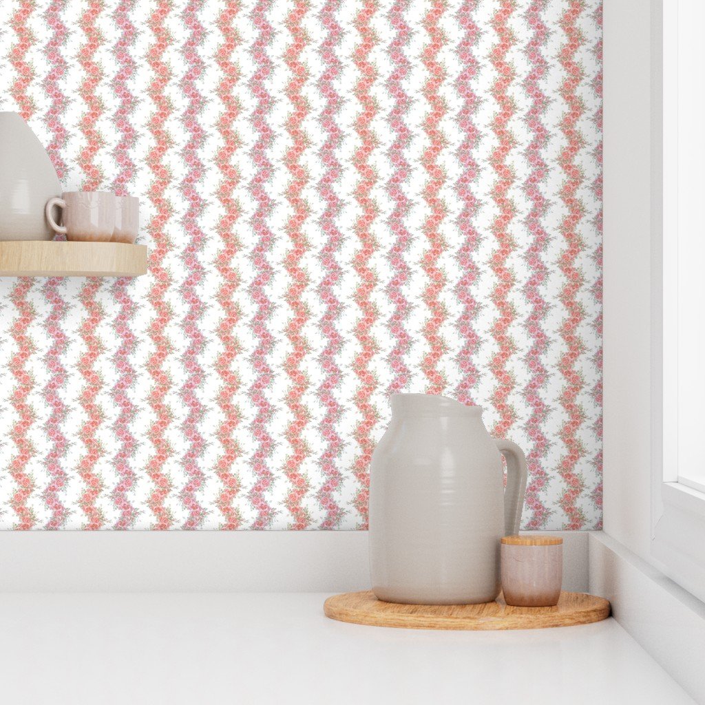 Vintage English Garden Tiny Two Tone Pink Rose Stripe Pattern on White W Wallpaper botanical wallpaper