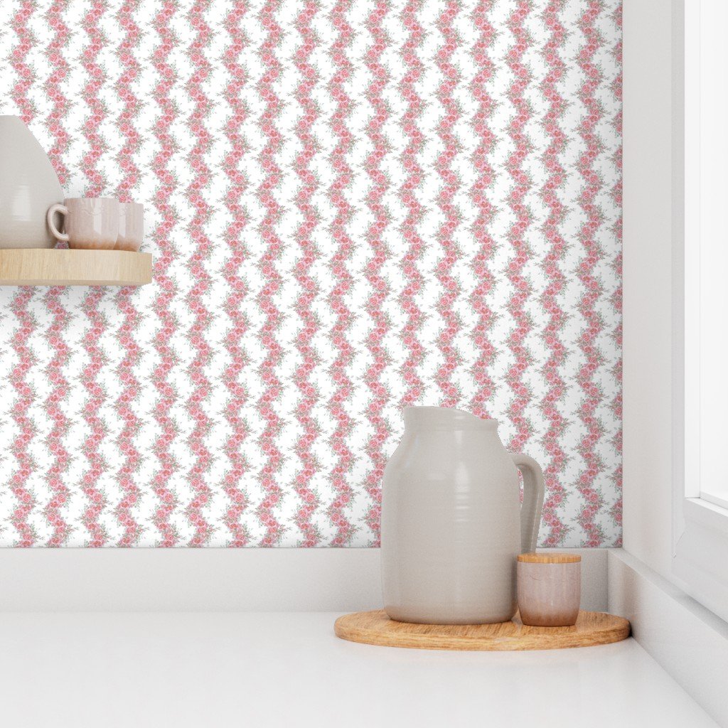 Vintage English Garden Tiny Soft Pink Rose Stripe Pattern on White Wall Wallpaper botanical wallpaper