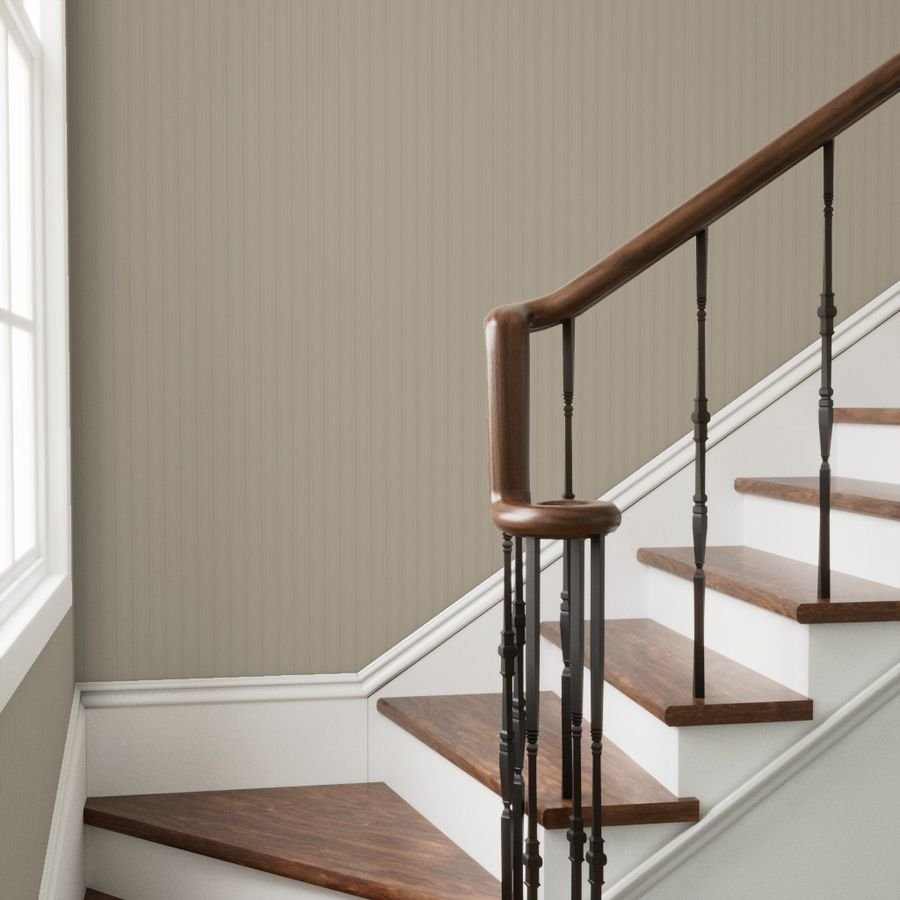 Tonal Mushroom Tailored Ticking Stripe Cottage Farmhouse Small Scale Wallpaper neutral stripe wallpaper