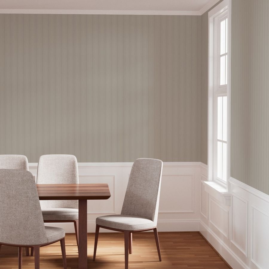 Tonal Greige Tailored Ticking Stripe Cottage Farmhouse Wide Stripe Wallpaper balanced tones wallpaper