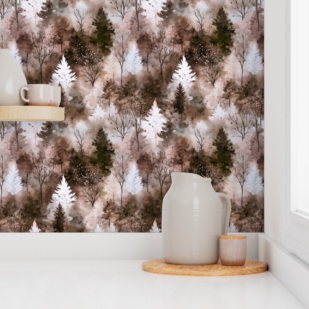 Small Endless Winter Tree Dreamscape Trees in Earthy Misty Forest Wall Wallpaper earth tone wallpaper