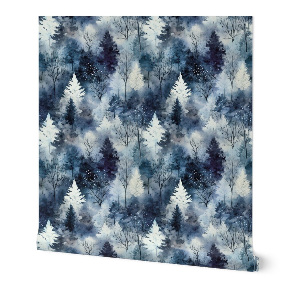 Small Endless Winter Tree Dreamscape Trees in Deep Blue Misty Forest Wallpaper cool tone wallpaper