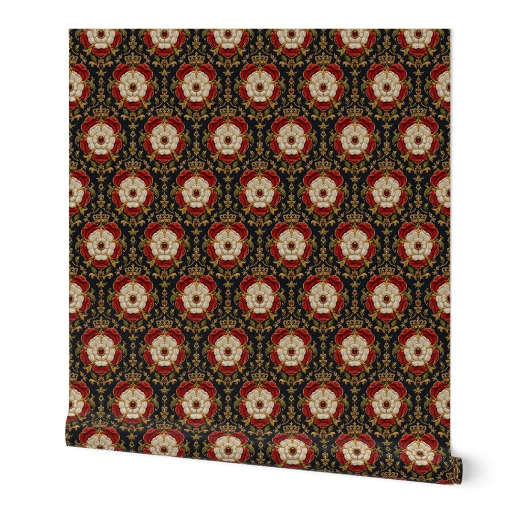 Royal Tudor Rose Crown Damask on Midnight Black Wallpaper black and white wallpaper