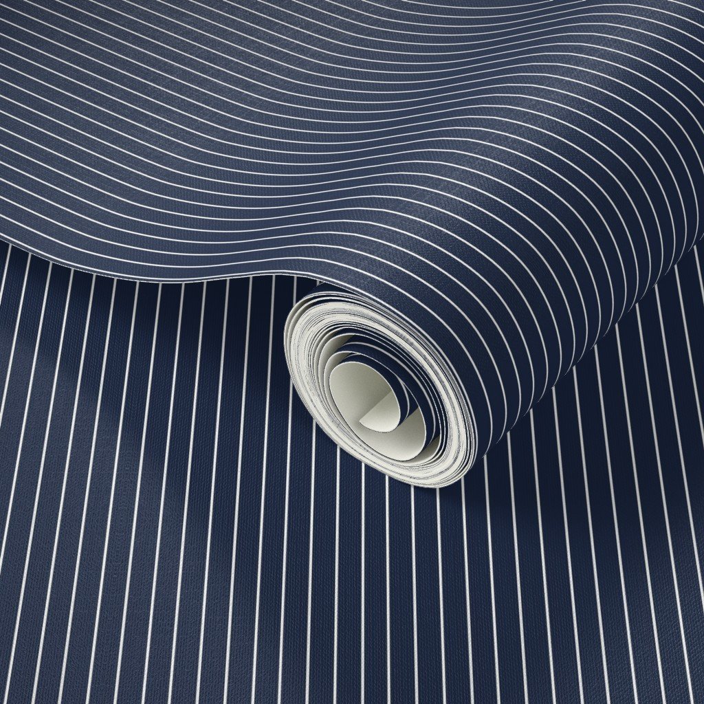 Classic White Pinstripe on Navy Blue Office Stripe Pattern Wallpaper banker stripe wallpaper