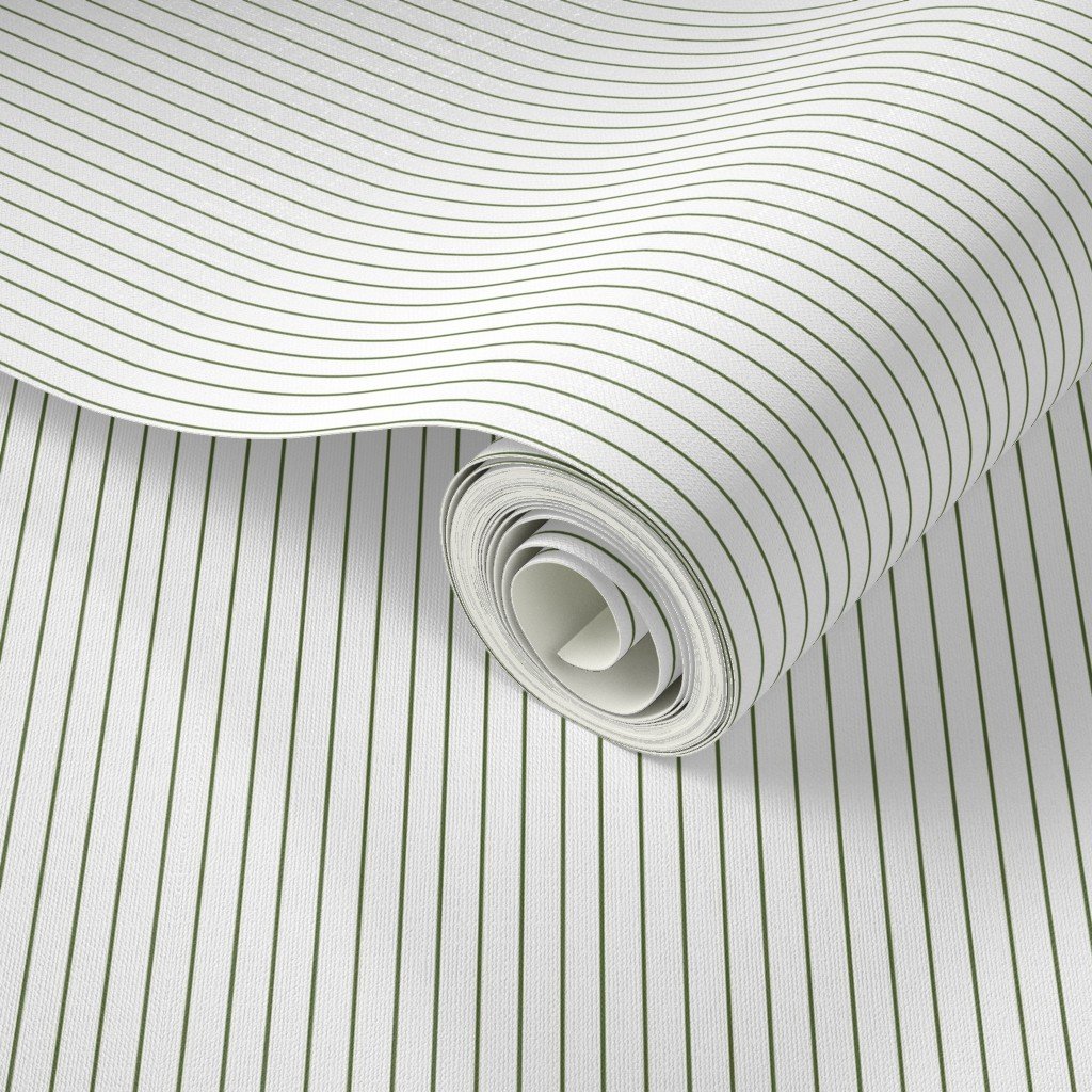 Classic Olive Green Pinstripe on White Office Stripe Pattern Wallpaper banker stripe wallpaper